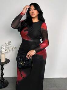 Firerie 大码女式碎花优雅收腰长袖连衣裙，适合约会和派对穿着 - 黑色 - 查看 6