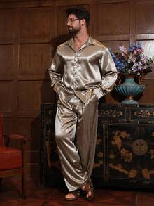 DAZY 男士金色缎面长袖衬衫长裤套装，度假休闲风，春夏款 - 金色 - 查看 1