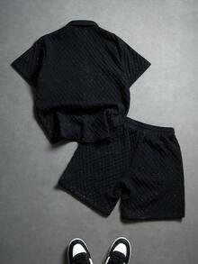 PAVTROS 男士休闲短袖衬衫短裤套装 男士黑色短裤套装 男士服装短裤套装 男士两件套 黑色钩针男士短裤套装 男士短裤套装 - 黑色 - 查看 2