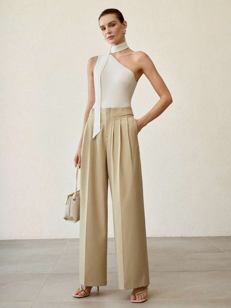 WOMEN'S KHAKI FOLD PLEATED SUIT PANTS