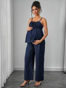 Momance Fashionable & Elegant Maternity Denim 2 Pieces Set: Wide Leg Pants & Camisole Top - Navy Blue - View 3