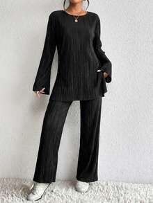 EURMUSE 2pcs/Set Casual Solid Color Flare Sleeve Top And Pants Set, Spring/Autumn - Black - View 4