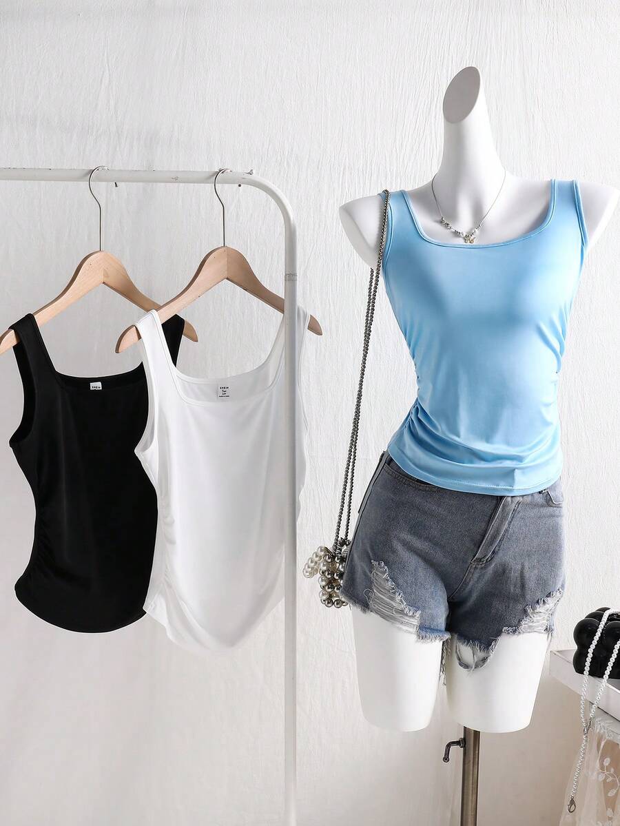 3pcs/Set Teen GirlMinimalist Casual All-Match Versatile Short Pleated Camisole Top, Layering Or Outerwear - Multicolor - View 1
