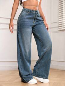 SHEIN PETITE 低腰休闲宽松直筒裤 - 寶藍色 - 查看 5