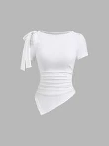 Sweetra Set de 3 camisetas de manga corta de unicolor con cuello de barco, lazo en los hombros, dobladillo asimétrico y cintura fruncida, en blanco, rosa y negro, adecuadas para ir al trabajo y salidas en primavera/verano - Multicolor - Ver 4