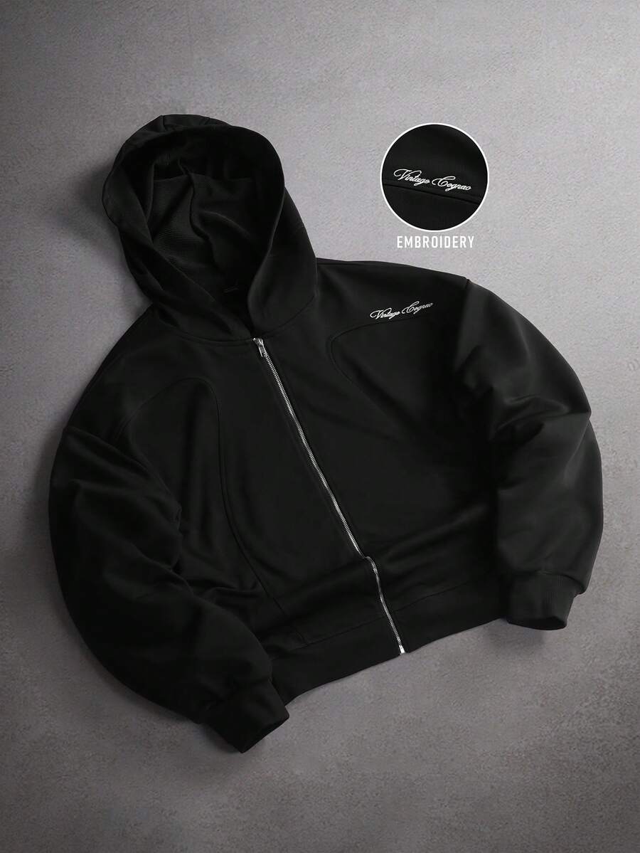 STYNVO 男士字母刺绣拉链休闲百搭连帽衫 - 黑色 - 查看 1