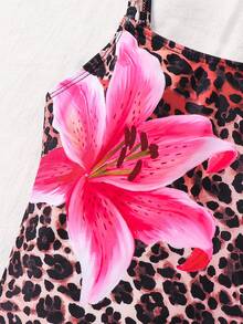 SHEIN Young Girl Leopard & Floral Print One-Piece Swimsuit Cover-Up With Skirt, Beach Vacation - Brown - View 8