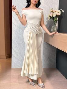 Feyla Women's Elegant Solid Color Pleated Off-Shoulder Fishtail Hem Dress, Summer - Apricot - View 4