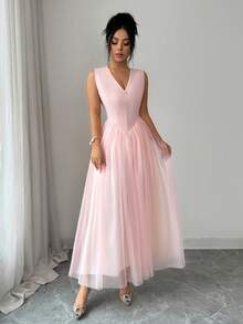 SHEIN Elenzya Đầm nữ dáng chữ A thắt eo, chất liệu lưới phối nhiều lớp, thích hợp cho Giáng sinh, ngày lễ, thanh lịch, đi làm hàng ngày, thời trang đường phố Pháp cổ điển, đa năng, năm mới, công sở, màu hồng không tay; Trang phục nữ duyên dáng cho kỳ nghỉ hè, ngày Valentine. - Hồng - Xem 6