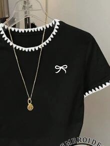 SHEIN 女士休闲蝴蝶结印花荷叶边圆领短袖T恤 - 黑色 - 查看 5