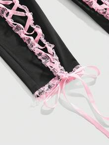 ROMWE Goth Women's Y2K Lace Trim Drawstring Waist Fitted Shorts - Black - View 4