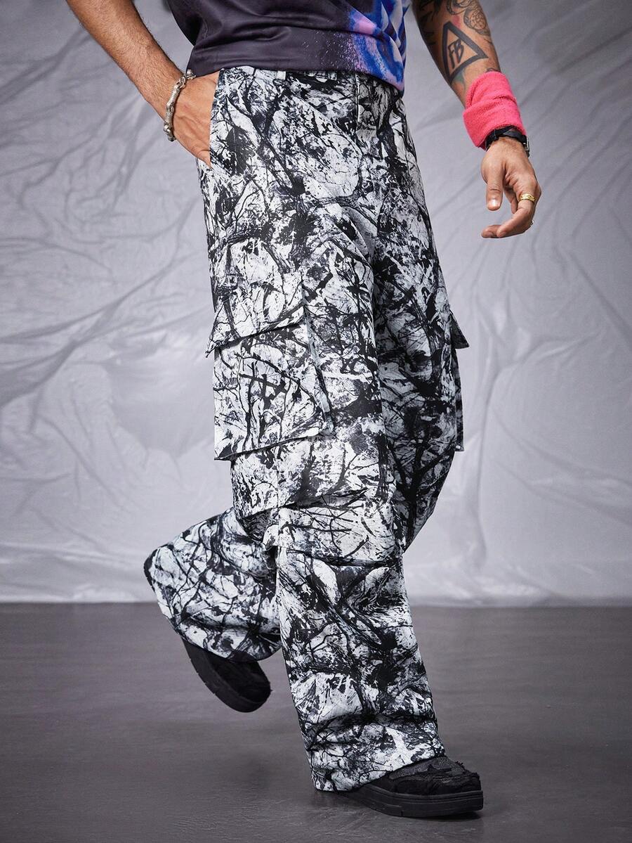 Manfinity VCAY Men's Tree Branch Print Cargo Pocket Loose Casual Pants - Grey - View 1