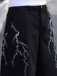 Manfinity EMRG American Streetwear Punk Chic Lightning Embroidery Black Denim Shorts - Black - View 5