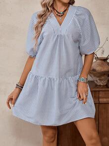 SHEIN LilyWest Robe décontractée ample et amincissante à col V, manches bouffantes, rayures de bambou bleu grisâtre rétro. Convient pour le printemps/été - Gris - Voir 3
