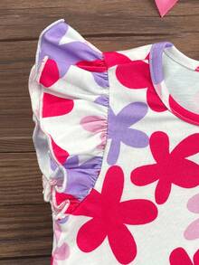 SHEIN Baby Girl Cute Casual Knitted Elastic Colorful Pattern Flutter Sleeve Dress,Summer Toddler Floral Print - Multicolor - View 4