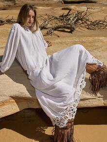 MOTF PREMIUM WOMEN'S LINEN RUCHED CONTRAST LACE ROMANTIC A-LINE SKIRT - White - View 4