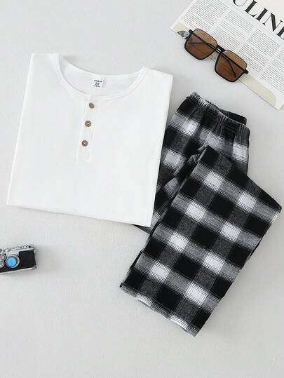 Pijama para niños preadolescentes - Conjunto de pijama de 2 piezas con top de henley de manga larga de cuello redondo blanco y pantalón largo a cuadros blancos y negros de cintura elástica, ropa de dormir ligera y cómoda para todo el año, regalo esencial para vacaciones 2026