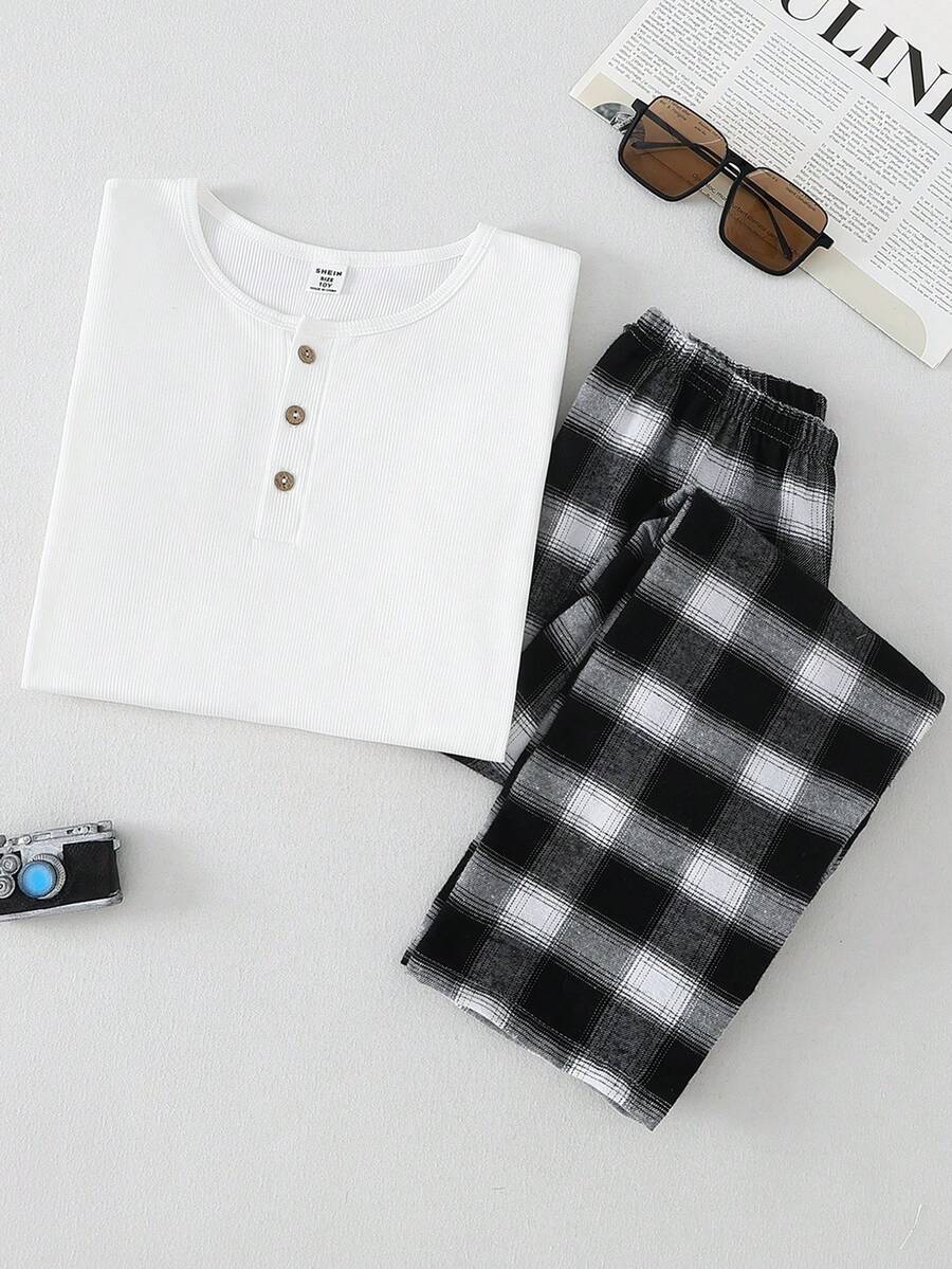 Tween Boys Pajamas-2 Pieces Pajama Set White Round Neck Long Sleeve Henley Top Black White Plaid Elastic Waist Long Pants Cozy Lightweight Nightwear Lounge Set All Season 2026 Holiday Essential Comfort Fit Gift - Black - View 1