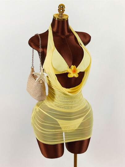 Amplova 3pcs Women's Swimsuit Set, Draped Neck Cover Up With Swimsuit, Includes Floral Front Swimsuit, Suitable For Beach Vacation, Sexy & Cute