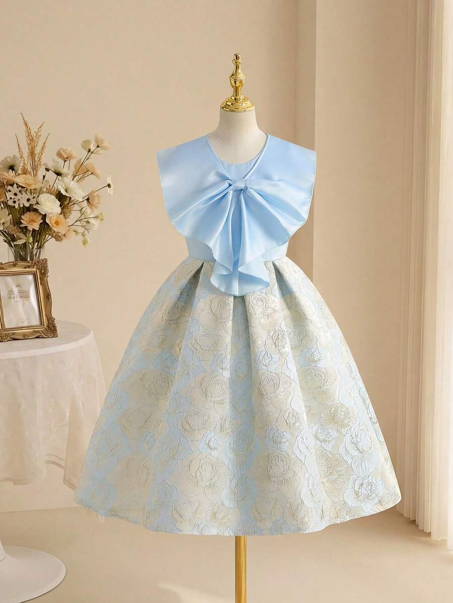 Vestido formal corto y ajustado con lazo azul elegante de jacquard para niñas, adecuado para fiestas de noche, Navidad, Halloween, bodas, bailes de graduación, vacaciones y temporada de graduación - Azul - Ver 1