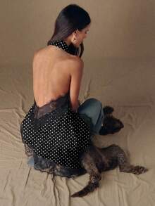 SHEIN BAE Casual Minimalist Sexy Style Black Background White Polka Dot Allover Print Asymmetrical Lace Hem Halter Neck Blouse, Suitable For Spring/Summer, Vacation, Sexy, Retro Spring - Multicolor - View 7