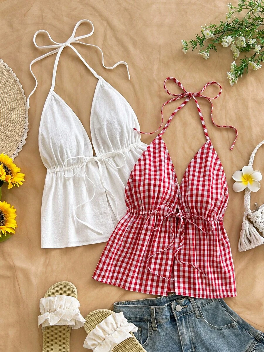 Soleia Camiseta de tirantes con cuello halter, cintura con lazo y dobladillo con volantes para mujer - Multicolor - Ver 1