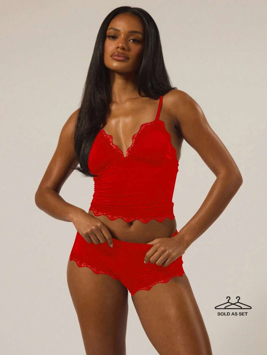 MUSERA ESSENTIALS Triangle Bust Lace Trim Adjustable Strap Cami Top And Fitted Boxer Boyshort Multipack Set Autumn Winter  Holidays Fall Underwear Everyday Cosy Lounge Essential - Red - View 1