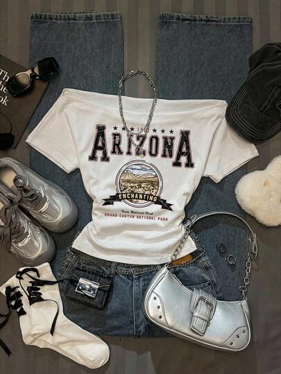 SHEIN EZwear 女士休闲腰部褶皱露肩紧身短袖白色T恤，适合夏季穿着，复古美式风格