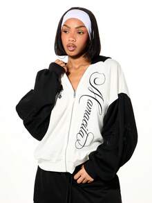 SUMWON WOMEN Moletom com Capuz com Zíper, Bordado em Cruz, Mangas Contrastantes e Design Decorativo nas Costas - Preto e Branco - Visão 1