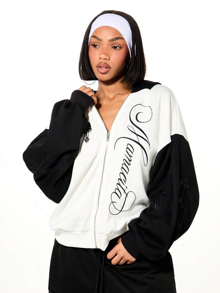 SUMWON WOMEN Cross Embroidered Zip Through Hoodie With Contrast Sleeves