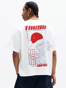 SUMWON 男士日系宽松版型T恤，饰有东京海浪印花和红色太阳图案，休闲街头风T恤 - 白色 - 查看 6