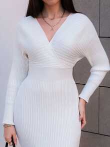 Hitanina 女士性感优雅白色 V 领露肩长袖修身毛衣裙，适合日常穿着、办公室、约会、休闲、派对、感恩节、圣诞节白色中长裙白色长袖连衣裙白色紧身连衣裙罗纹中长裙秋冬 - 白色 - 查看 3