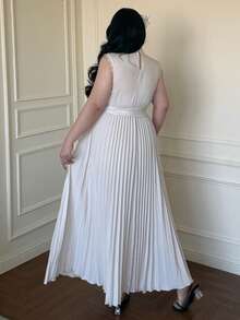 Vibekara Plus Size Square Neck Ruffle Sleeve 3D Lace Pleated Dress, Elegant Vintage Style, Suitable For Weddings, Vacations, Midi Length Pale Peach Dress For Women - Apricot - View 2