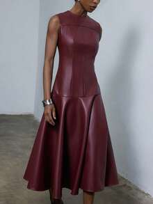Aveloria Modichic Robe élégante rouge bourgogne avec jupe évasée, design de ceinturage à la taille, col rond, sophistiquée et minimaliste, polyvalente pour le travail et les tenues décontractées - Rouge foncé - Voir 5