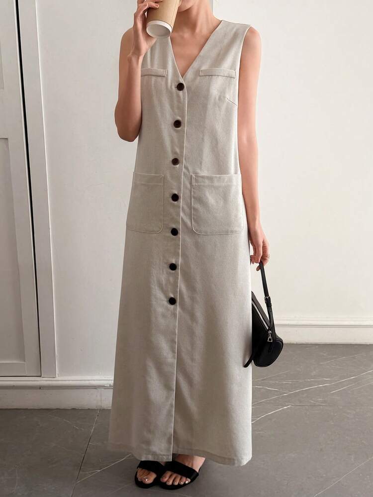 Women's Solid Color V-Neck Single-Breasted Pocket Casual Daily Date Party Mini Dress Sun Dresses For Women Summer Business Casual Woman