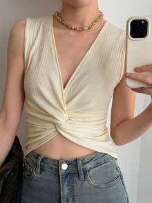 DAZY Women's Solid Color Deep V-Neck Twist Ruched Fashionable Versatile Top For Dates And Outings - Beige - View 2