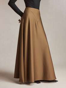 BizChic 2026春夏新款咖啡棕色不对称腰身缎面A字中长裙，百搭设计，适合办公室、通勤、商务、社交场合，Y2K风格 - 咖啡棕 - 查看 1