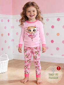 一套女童紧身睡衣，咖啡女孩印花图案，撞色领口和袖口设计，针织弹力圆领长袖上衣搭配印花长裤 - 粉色 - 查看 3