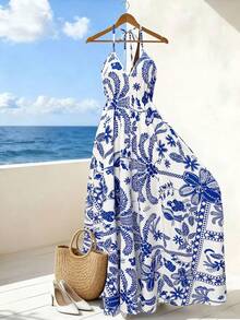 GlowEve Elegant Summer Halter Dress For Women With Woven Prints - Blue - View 1