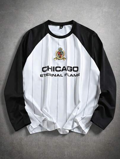 STYNVO Men's Comfortable Raglan Sleeve Round Neck Long Sleeve Colorblock T-Shirt With Embroidered Patch And Heat Transfer Print, Fashionable For Men, Suitable For Vacation, Gathering, Daily Dating, Casual Office, Sports, Can Be Worn Alone Or Paired With Casual Wear, Best-Selling Yamamoto T-Shirt, Suitable For Yourself Or As A Gift For Friends Chicago Jersey Baseball Shirt Men Baseball Clothing Men S Long Sleeve T-Shirt Long Sleeve Jersey Baseball Tee Fashion Baseball Jersey