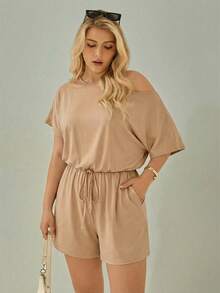 SHEIN Essnce Bộ áo liền quần cỡ lớn cho nữ, trang phục mùa hè, quần short, kiểu trễ vai dễ thương, trang phục mùa hè cho nữ, trang phục dự tiệc, trang phục mùa hè cho nữ, trang phục đi nghỉ mát, bộ áo liền quần thường ngày cho nữ. - Màu Khaki - Xem 3