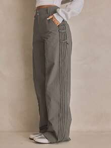 MUSERA Low Rise Wide Leg Side Buckle And Stripe Cargo Trousers Summer, Sporty, Casual, Day, Streetstyle, Streetwear - Dark Green - View 3