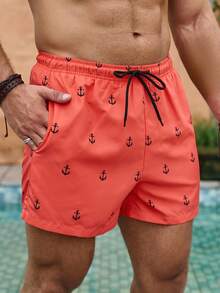 CoralVoy Plus Size Men's Anchor Print Drawstring Waist Casual Beach Shorts, Summer - Red - View 4