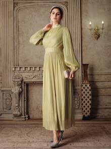 Anewsta Women's Long Pleated Dress, Elegant And Versatile Long Formal Gown - Mustard Yellow - View 3