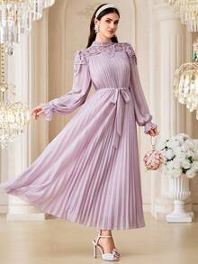 Modelyn 女士优雅派对纯色蕾丝拼接褶皱中长连衣裙 - 藕粉色 - 查看 4