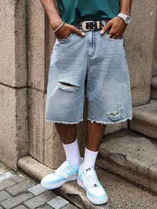 Manfinity EMRG 男士浅蓝色做旧休闲牛仔短裤 - 藍色 - 查看 7