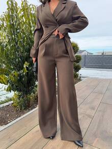 Jeta Ari 女士缺角领夹克和裤子通勤日常基本款商务套装秋冬 - 咖啡棕 - 查看 3