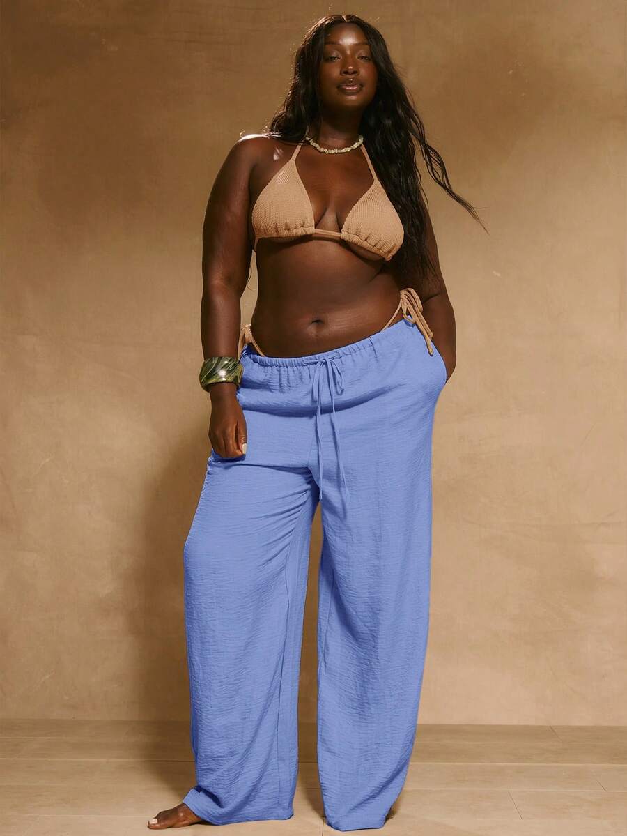 MUSERA Plus Size Mid Rise Wide Leg Drawstring Waist Trousers Vacation Beachwear Elegant Holiday Cute Summer Casual - Dusty Blue - View 1