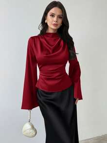 Firerie Women's Elegant Long-Sleeved Shirt / Glossy Top / Faux Silk Satin Shirt / Commuter Shirt / Brown Blouse / Office/Business Attire / New Year's Look / Vintage Style Shirt / Bell Sleeve Shirt - Red - View 2