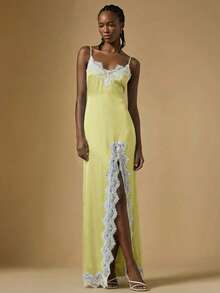 Briarwyn Women's Spaghetti Strap Black Lace Patchwork High Slit Hem Dress - Yellow - View 5